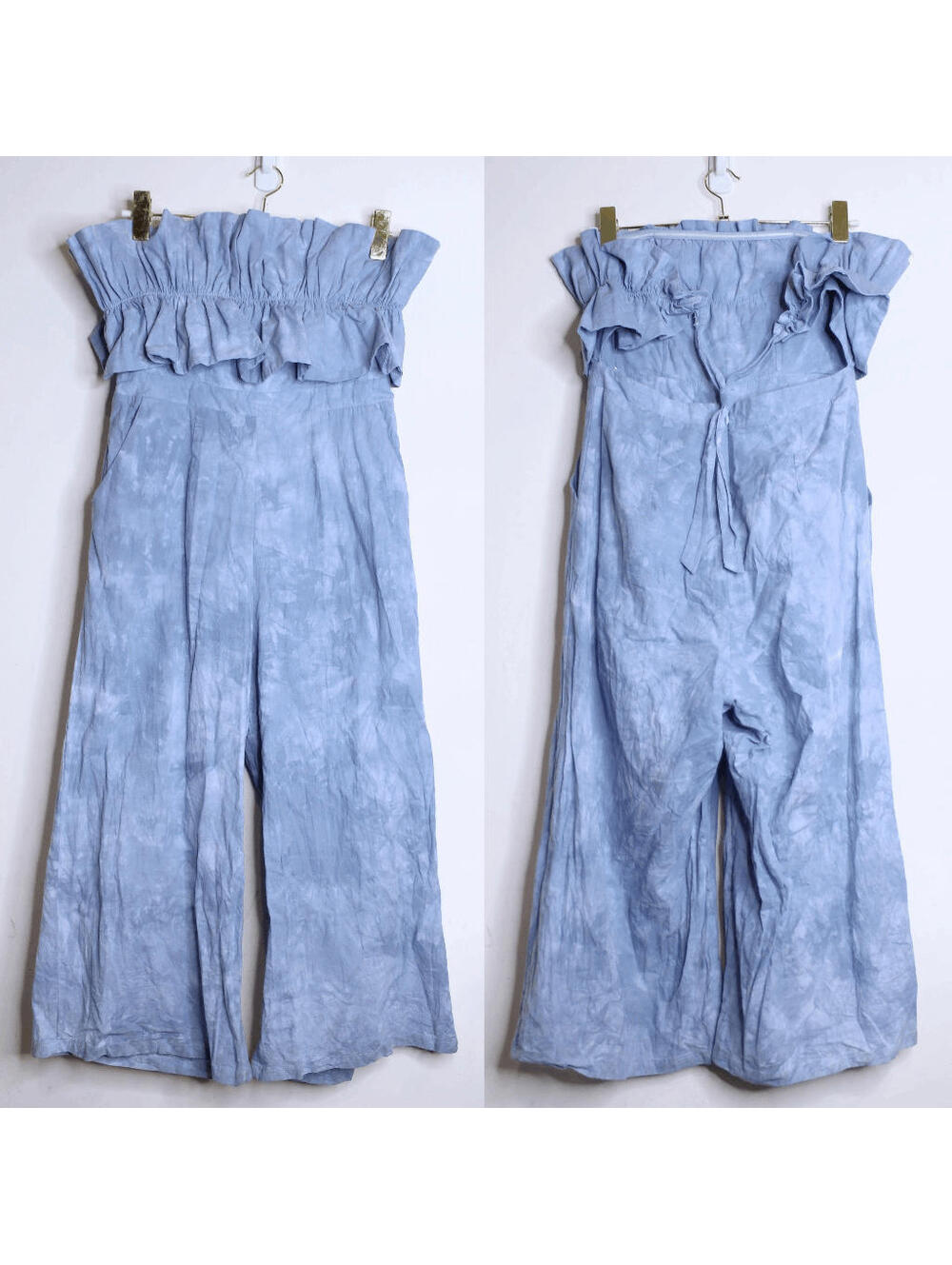 Blue Acid Washed Strapless Wide Leg Cropped Jumpsuit - Large